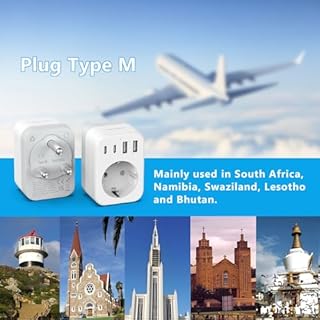 Adaptateur de Voyage JSVER,Adaptateur Type M pour l'Afrique du Sud et la France,Adaptateur de Voyage avec 1 Prise Secteur,4 Ports USB pour l'Afrique du Sud,Le Swaziland et Le Lesotho (Blanc)