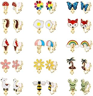 LOLIAS 15 Pairs Cute Clip Earrings Sets for Women Girls Cute Assorted Animal Butterfly Flower Clip On Earrings for Teens Mixed Color Painless Non-Piercing Earrings Pack