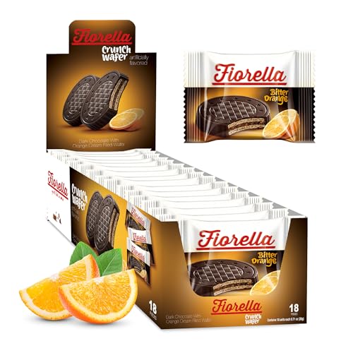 Fiorella Crunch Dark Chocolate Wafer Cookies, 18 Count, Chocolate Covered Crispy Thin Wafers with Layers of Orange Cream Filling, Individually Wrapped Snack Cookies, Bulk Chocolate Candy, 12.69 Oz
