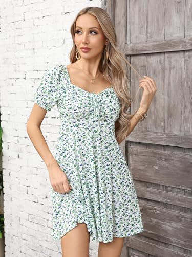 Image of Missufe Women's Puff Short Sleeve Drawstring Ruched Front Fit and Flare Floral Summer Casual Short Dress