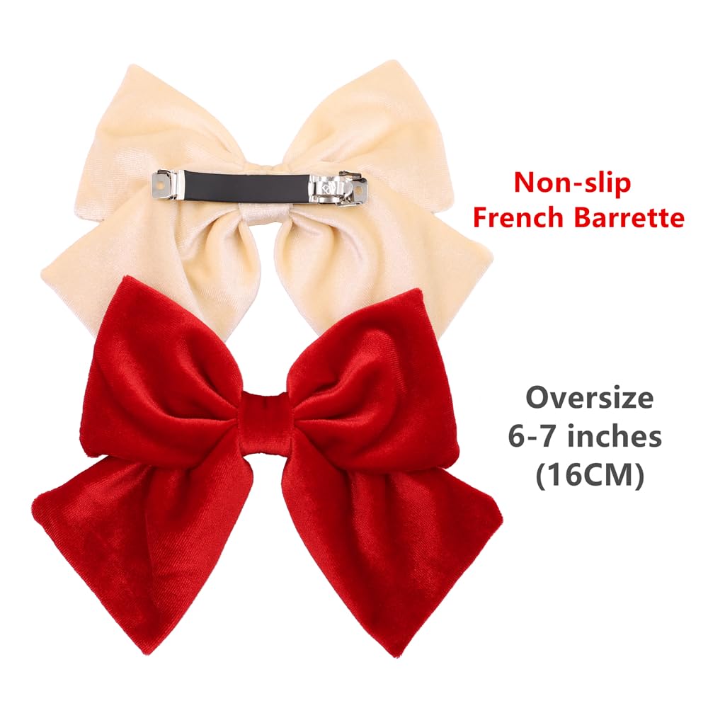 Pack of 4 Large Velvet Bow with French Barrettes for Women and Girls Vintage Hair Bows Clips Accessories (6'' Velvet Black Red) - Image 4