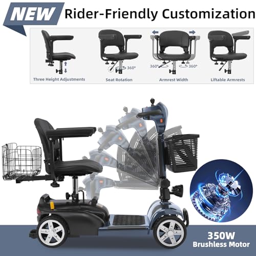 MS20 with Mirror 20 Miles 4-Wheel Mobility Scooter for Seniors/Adults, Detachable Lithium Battery Electric Wheelchair,Dual Baskets,Rotating Seat,with Taillight,USB Charging,Foldable Mobility Scooters