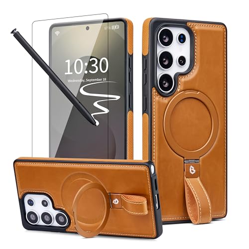 Butaiga for Samsung Galaxy S25 Ultra Leather Case with Stand, Anti-Slip Grip Ring, Fits for MagSafe (Brown, S25 Ultra-6.9inch)