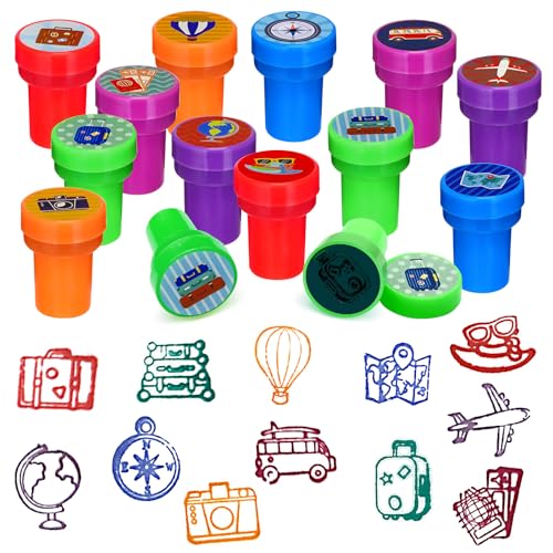 Cinrobiye 24 Pcs Adventure Travel Stampers Party Favor Set Fun Bon Voyage Stamps Birthday Party Supplies Classroom Rewards Carnival Prizes Goody Bag Fillers Pinata Filler Travel Party Gift Set
