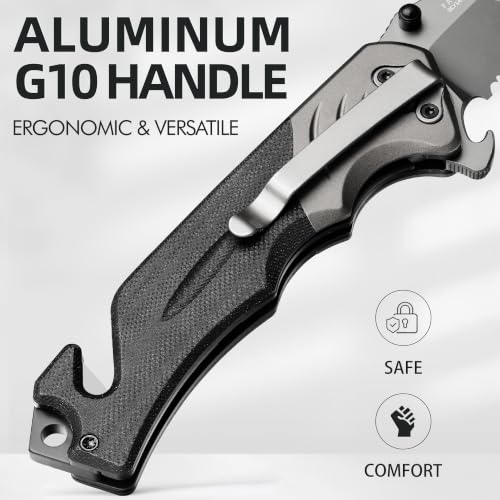 Image of NedFoss FA49 Tactical Pocket Knife, 3.4 inch 8Cr14Mov Serrated Blade G10 Handle | Upgraded, Preciser, Lightweight Aluminum Bolster, Glass Breaker Seatbelt Cutter, Bottle Opener, for Camping Survival Hunting