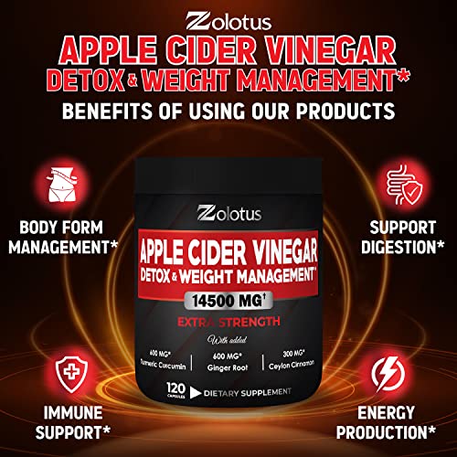 16 In 1 Apple Cider Vinegar Capsules, Equivalent To 14500Mg, With Turmeric, Cinnamon, Milk Thistle, Garcinia Cambogia, Quercetin, Best Supplement For Keto, Detox & Weight Management (120 Capsules) #TOP2