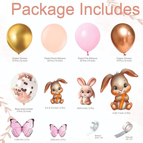 Image of 87 pcs set of pink, peach and golden balloons with rabbit and butterflies cutout for birthday decoration, home party celebration