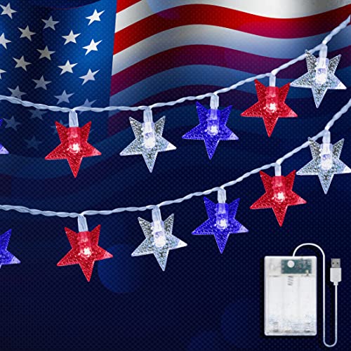 4th of July Decorations Red White and Blue Star String Light Battery Operated 10FT 20 LED Indoor Outdoor Waterproof Twinkle Patriotic Fairy Lights for Independence Day Memorial Day