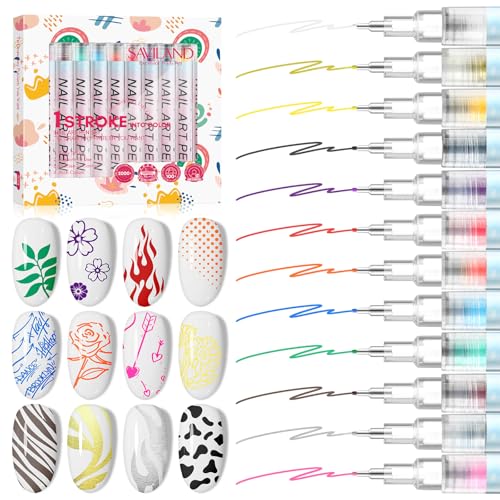 Image of 12 Colors Nail Art Pens Set: 0.5MM Acrylic Paint Nail Art Markers Polish Pen for DIY 3D Nail Art Design, Drawing Painting Liner Brush Dotting Tools Christmas Gift for Home Salon Manicure (Set 2)