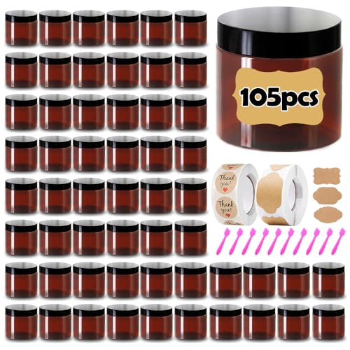 4 oz Plastic Containers with Lids 105pcs Amber Plastic Jars with Lids 4 Ounce Containers Travel Size Jars– Great for Lip Scrub, Body Butters, Cream, Slime, Craft Storage