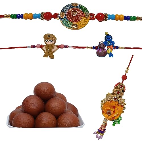 Image of Yuvraj Food Product Rakhi for bhaiya and bhabhi (Gold Design Ganesha & rajasthani kangan) with 2 kids rakhi & 1 kg Gulab Jamun Sweets with Rakhi Special Festival