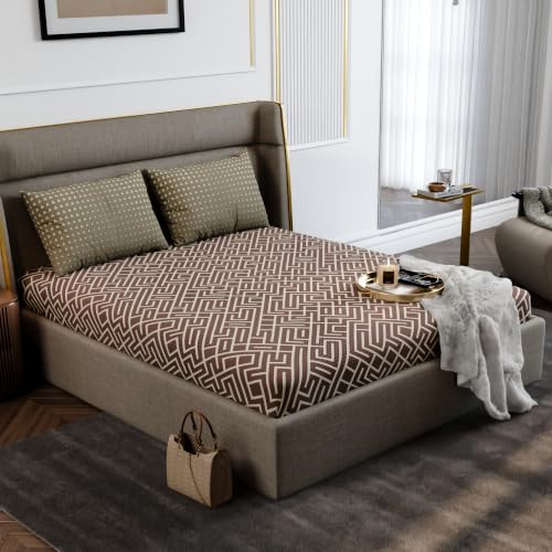 Image of Stoa Paris 100% Cotton King Size Fitted Bedsheet with 2 Pillow Covers, 180TC Printed Bedding Set, All-Season Comfort, Soft & Lightweight, Home Decor, Urbanscape - Mauve Labyrinth (182cmx198cm+30cm)