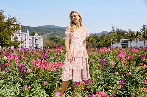 Image of Belle Poque Women's Vintage Square Neck Dress 2026 Summer Short Sleeve Layered Tiered Ruffle A-line Swing Midi Dress