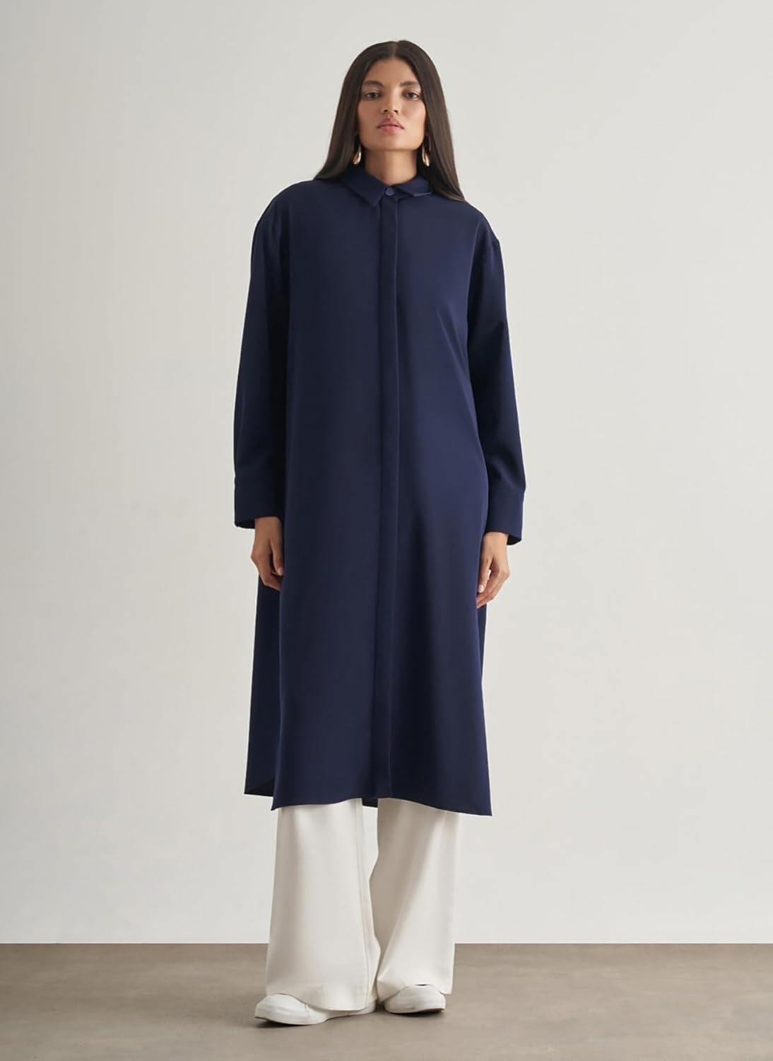 Mizalle Gömlek Yaka Düz Tunik, S, 5003305188, Lacivert, Kadın