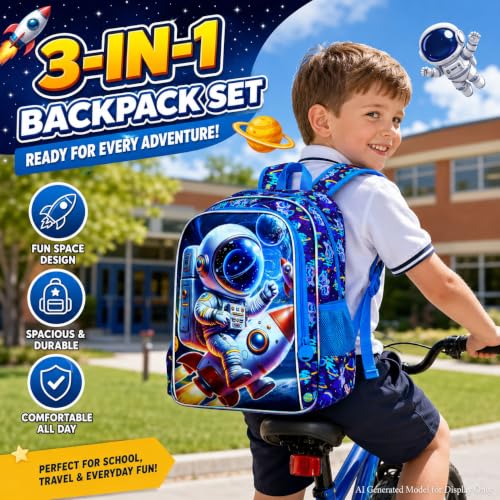 Image of HPJGD 3PCS Space Backpack for Boys, Water Resistant Kids Bookbag Set with Lunch Box, Cool School Bag for Preschool Toddler - Astronaut Riding Rocket