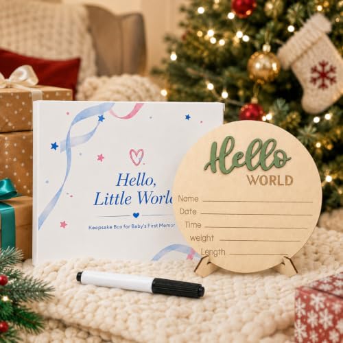 Image of Hello World Baby Announcement Sign Newborn Welcome Plaque Box Set
