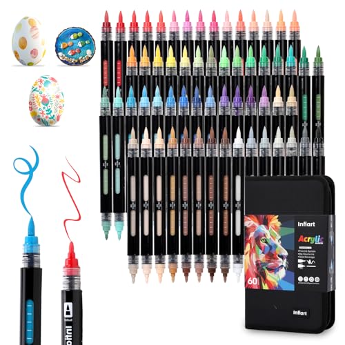 Infiart 60 Colors Dual Tip Acrylic Paint Markers Automatic Ink Control Acrylic Paint Pens, Paint Pens Acrylic Markers Set for Rock Painting, Stone, Wood, Canvas, DIY & Art Supplies