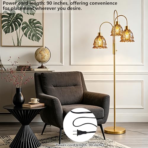 Image of 3-Light Glass Floor Lamp with Amber Ribbed Glass Shades, 70 inch Gold Dimmable Tall Standing Lamp with 3PCS 3000K Warm White Bulbs, Modern Tree Pole Lamp for Living Room Bedroom Home Office Corner Decor