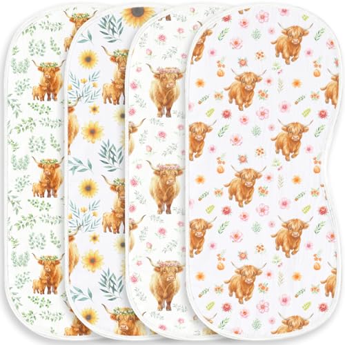 Image of Spriggenix 4 Pack Baby Burp Cloths for Boys Girls, Soft Cotton, Highland Cow Floral Theme Design, Super Absorbent Baby Burping Cloths for Newborns, Machine Washable and Reusable Baby Spit-Up Cloths