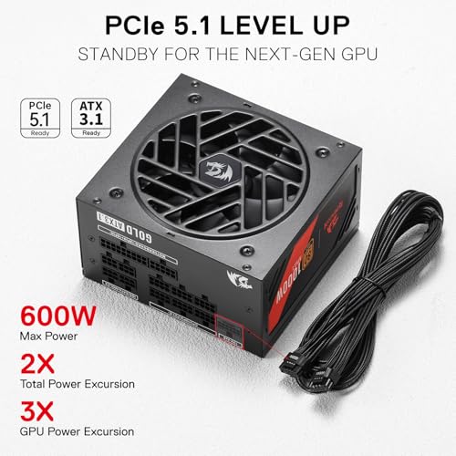 Image of Redragon RGMS-1000W PRO 80+ Gold 1000 Watt Power Supply w /Upgraded ATX 3.1 & PCIe 5.1 Fully Modular, Compact 150mm Size, Smart ECO Low Noise Fan, 100% Japanese Capacitors, Full Mod Cables