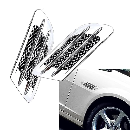 ZKFAR 2 PCS Engine Hood Air Vent Outlet Cover Trim, Car Side Mesh Vent Sticker, 8.6' x 3' Shark Gills Decorative Air Vent, Universal for Most Cars (Silver Plating), ZACT04-SI