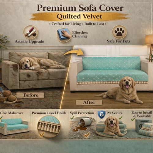 Image of STITCHNEST Quilted Velvet Sofa Cover with Tassels - 70x60 Inch, Pastel Green with White Polka Dots, Soft & Playful, Washable Sofa Protector for 3-Seater