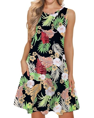 WNEEDU lässiges Sommerkleid Damen Ärmellose Tank Strandkleider T-Shirt Kleid mit Taschen