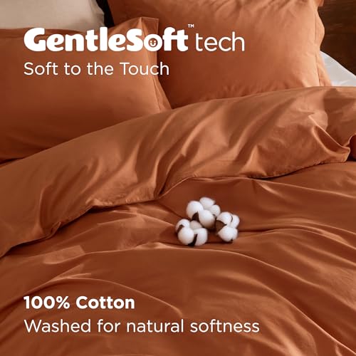Bedsure 100% Washed Cotton Duvet Cover Queen Size - Burnt Orange Minimalist Cotton Duvet Cover Linen Like for All Seasons - GentleSoft™ Plain Simple Bedding (Burnt Orange, Queen, 90"x90")