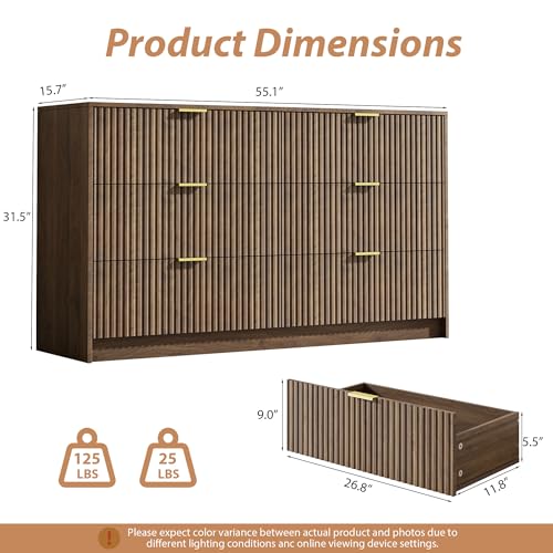 Image of MAISONARIA 6 Drawer Dresser for Bedroom, 55 inch Wide Modern Chest of Drawers with Gold Metal Handles, Fluted Wood TV Stand for Living Room, Hallway, Walnut