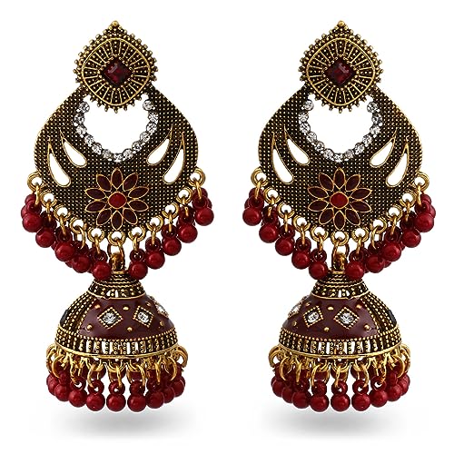Bohemian Indian Dangle Earrings for Women Turquoise Antique Silver Gold Bell Chandelier Earrings Beaded Crystal Jhumka Jhumki Lotus Mexico Tassel Studs Traditional Jewelry (Antique Gold+Red)