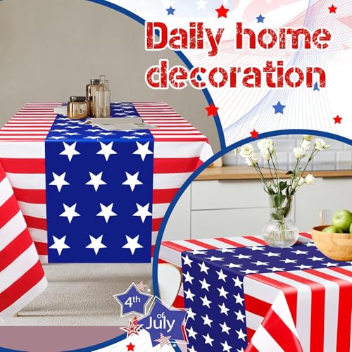Image of Newwiee 6 Pcs 4th of July Patriotic Tablecloth Disposable American Flag Tablecloth 54x108 Plastic Red White Blue Independence Day Rectangle Table Cover 250th Decoration (Combination)