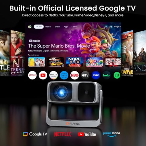 Image of 2000 ANSI Official Licensed Google TV Outdoor Projector 4K Decoding, Smart Projector with Wifi and Bluetooth, Auto Focus, Dolby Sound, Built-in Apps, HAPPRUN Indoor Home Theater with 270 Stand
