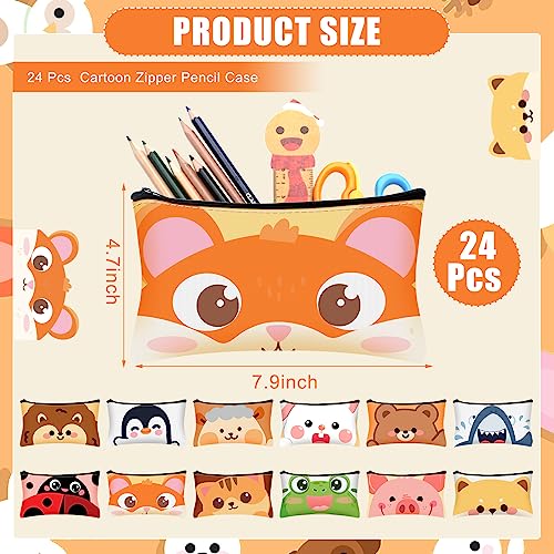 Hosuly 24 Pcs Bulk Cartoon Zipper Pencil Case Pouch Cute Cartoon Animal Pen Bag Multicolored Cat Bear Shark Bunny Canvas Pencil Pouch Organizer For Boy Girl Stationary Storage School thumb #1