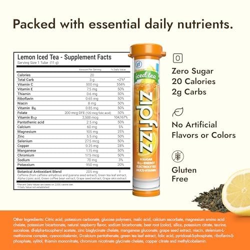Image of Zipfizz Daily Energy Drink Powder, Lemon Iced Tea, 20 Pack | 3-in-1 Sustained Energy, Rapid Hydration, and Essential Vitamins | Sugar-Free | Electrolyte Powder | Contains Vitamin B-12 & Antioxidants
