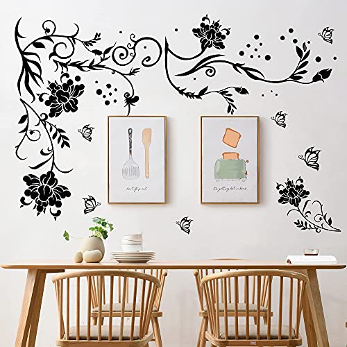 Black Vines Wall Decals Flowers Wall Stickers Twigs Vine Wall Decal DIY Removable Vinyl Chrysanthemum Wall Decor for Baby Kids Girls Bedroom Living Room Offices TV Sofa Background Home Wall Corner