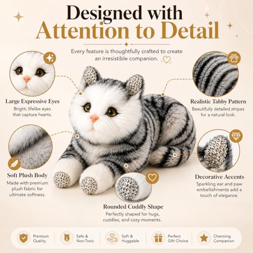 Image of Monex Stationary Cute Sitting Cat Plu | Ultra Soft Stuffed Animal for Kids, Girls & Room Decor | Decorative Cat Plushie Gift (White-Black)