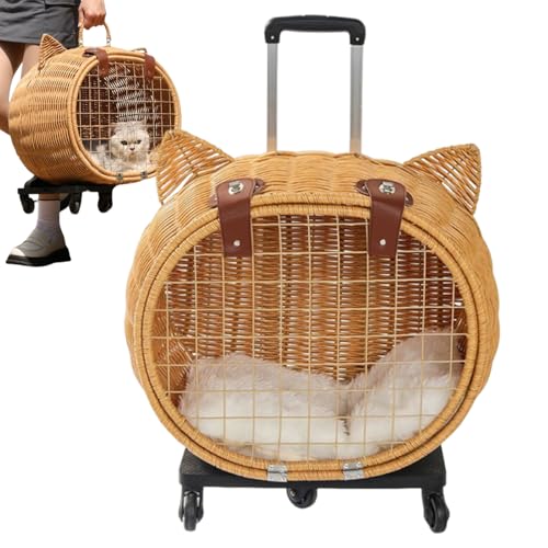 Mivpzisk 小型犬用カート | 編み込みラタン製ペットカート 伸縮ハンドル付きキャリー | 子猫やうさぎの日常のお散歩やお出かけに最適