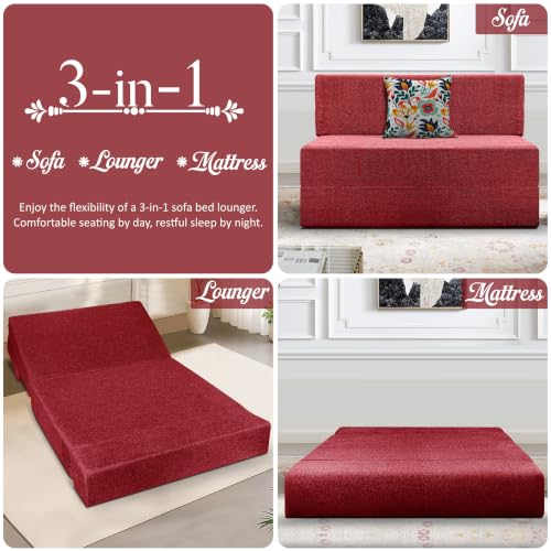 Image of Los Angeles Foldable One Seater Sofa Cum Bed, Sofa Bed 3 X 6 Feet Jute Fabric Washable Cover- Including Cushion Perfect for Living Room - Red