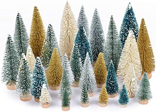 DearHouse 30PCS Artificial Mini Christmas Trees, Mini Pine Tree Sisal Trees with Wood Base Bottle Brush Trees for Christmas Table Top Decor Winter Crafts Ornaments (Gold, 30)