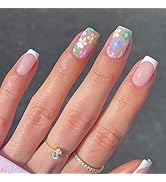 JATOSMMS Flower Fake Nails French Tip Press on Nails Spring Daisy Flower Acrylic Nails Short Squa...