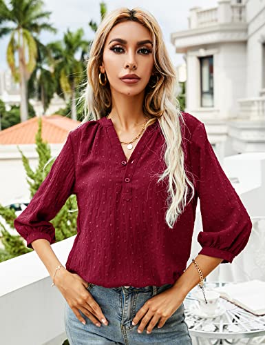 Lomon Swiss Dot Blouses For Women Relaxed-Fit Cute 3/4 Sleeve V Neck T-Shirts Blouse Tops (Red, L) #TOP3