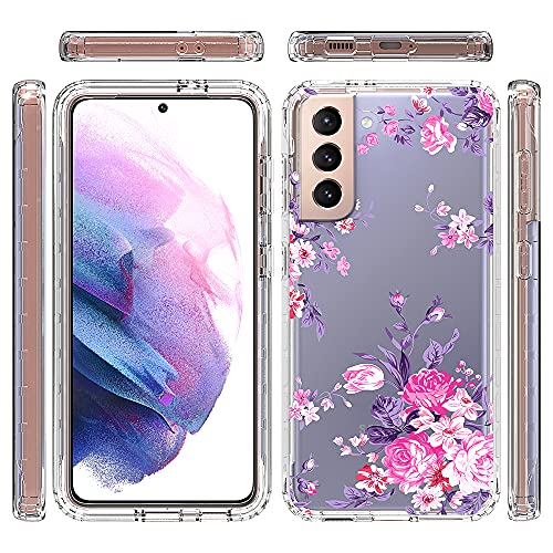 Shinyzone 2 In 1 Heavy Duty Case For Samsung Galaxy S21 Fe 5G,Sturdy Armor Hybrid Rigid Hard Pc Front Bumper Cover,Crystal Clear Rose Flower Pattern Design For Women #TOP1