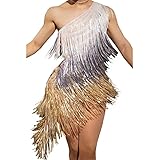 Yoyomomozi Fashion One Shoulder Dress Fringe Sexy White Gold Gray Fringe Birthday Party Performance Latin Pole Dance Drag Queen Clothing (Gold)