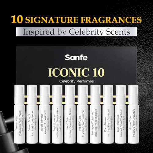 Image of Sanfe Iconic 10 Celebrity Fragrance Set | 10x10ml | Eau De Parfum Collection | Luxury Scents Hamper for Men & Women | Gift Combo | Long Lasting Aroma | Attar Inspired Blend | Premium Essence Pack