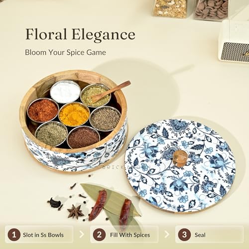 Image of Brick Brown Handcrafted Wooden Floral Masala Box for Kitchen | Masala Dabba | Spice Jars | Spice Rack Organizer Storage Box with 7 Containers & 1 wooden spoon(8.25x 3.75 Inch)
