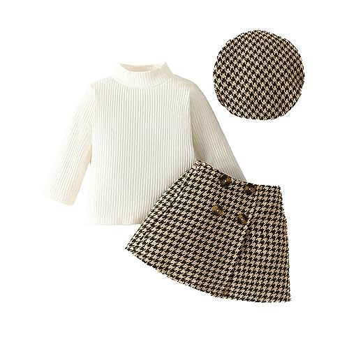 Image of FreshBeautiCity Toddler Baby Girl Skirt Set Fall Clothes Ribbed Tops Houndstooth Mini Skirt Dress Hat 3pcs Winter Outfits