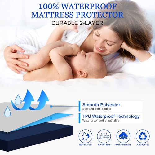 Image of 100% Waterproof Mattress Protector | Permium Cotton Mattress Skin Friendly Bed Cover | Breathable & Non-Allergenic Ultra Soft Elastic Fitted Bed Protector | 78x36 Inch, Single, Blue