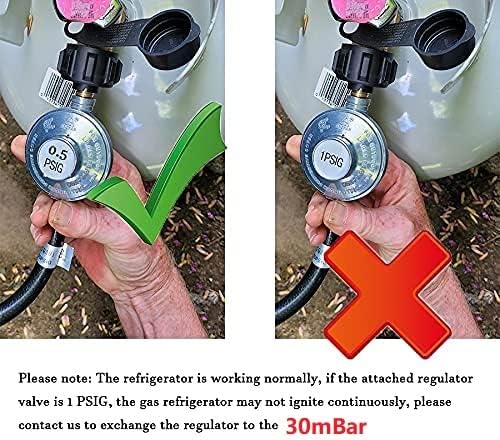 Image showing correct (0.5 PSIG) and incorrect (1 PSIG) gas regulator settings for the refrigerator.