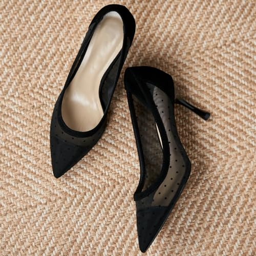 DINTAHA Womens Black Mesh Polka Dot Kitten Heels Low Heel Pointed Toe Pumps Low Heel Dress Office Shoes3