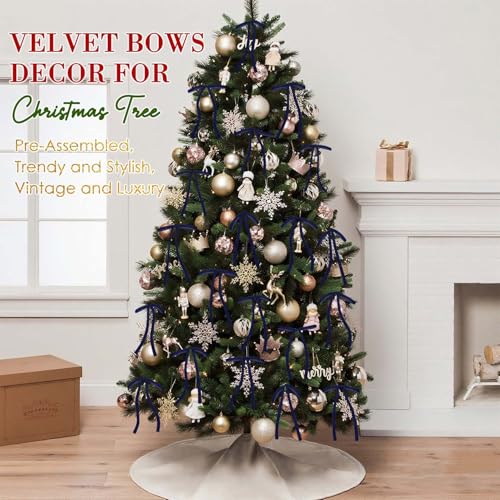 Image of 24 Pcs Dark Blue Velvet Bows Ornaments for Christmas Tree, Vintage Elegant Velvet Christmas Bows Tree Decorations, Indoor Home Decor for Wreath Mantle Gift Wrap Holiday Decor, 3 /8'' W, 5 * 7 inch